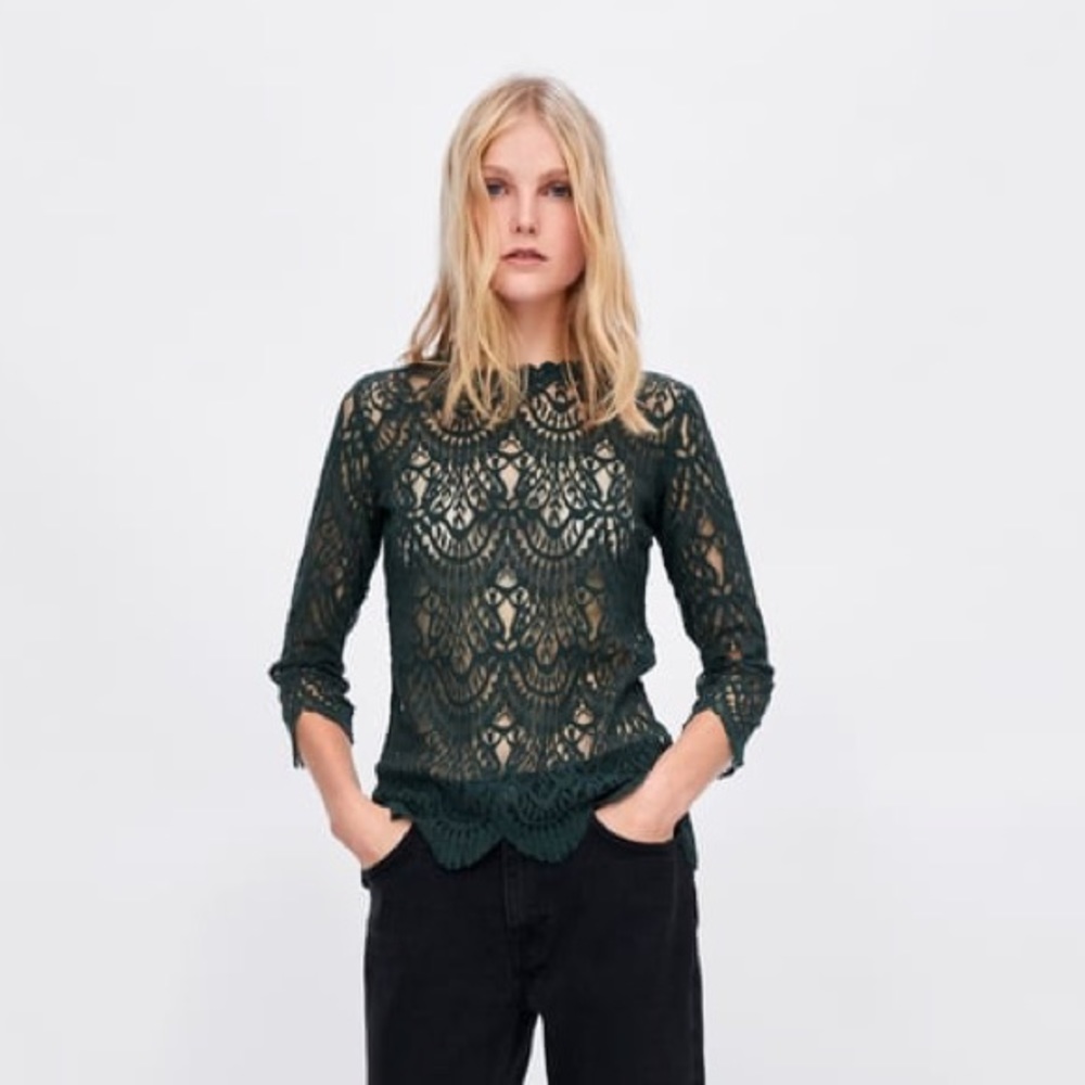 Green Cotton Lace Long Sleeve Blouse